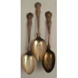 Three Georgian silver serving spoons, in the King's Husk pattern, engraved with initials, London