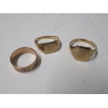 Two 9 carat gold signet rings, together with a patterned ring, 10.5gms gross