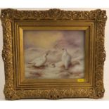 Milwyn Holloway, rectangular porcelain plaque, painted with rock ptarmigan in snowy landscape,