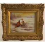 Milwyn Holloway, rectangular porcelain plaque, painted with pheasants in a snowy landscape, 7ins x