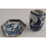 A Caughley spoon tray, and a cylindrical canister, both decorated with the fisherman and cormorant