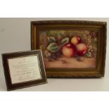 A Royal Worcester framed rectangular plaque, decorated with hand painted fruit by Skerrett, 6.