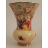 A Royal Worcester inverted trumpet shaped vase, decorated all round with hand painted fruit by