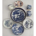 A mixed lot of 18th century blue and white English porcelain, to include three Caughley coffee cans,