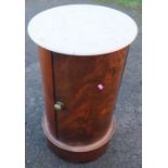 A Victorian mahogany marble top cylindrical put cupboard, diameter 15.5ins x height 26.5is