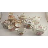 Five 19th century English porcelain tea pots, together with cups, saucers etc - One of the