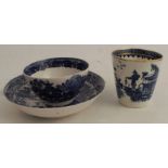 An 18th century blue and white Worcester tea bowl and saucer, decorated with the bandstand pattern