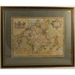 An Antique framed map of Worcestershire, by Christopher Saxon, dated 1577, 14.5ins x 20ins