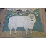 A large crewel work tapestry wall hanging, of a sheep in a field with further sheep behind and