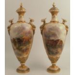 A pair of Royal Worcester covered vases, decorated with Highland cattle in a landscape, the