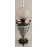 A 19th century Hinks Lever No.2 oil lamp, having porcelain body painted with classical lady on a