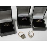 A collection of five 9 carat gold gem set dress rings, 13.6g gross