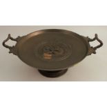 A bronze tazza or comport, decorated with a central panel of Bacchus, and script below, with a