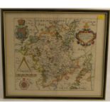 A framed map of Worcestershire, by Saxton and Hole, 11.5ins x 12.5ins