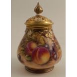 A Royal Worcester covered quarter lobed vase, decorated with half round hand painted fruit by Creed,