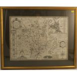 An Antique framed map of Worcestershire, by John Speede, dated 1610, framed and glazed front and