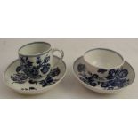 An 18th century Worcester blue and white tea bowl, can, and two saucers, all decorated with the