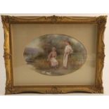 Milwyn Holloway, oval domed porcelain plaque, two woman in landscape by water with ducks, maximum