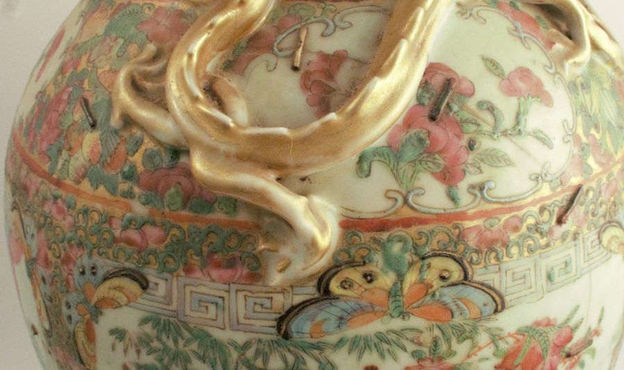 A 19th century Canton famille rose vase, of baluster form, with relief moulded gilt dragons, - Image 6 of 7