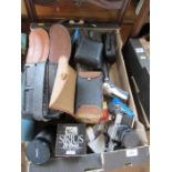 A box of assorted sundries, to include mirrors, Praktika camera, binoculars, etc.