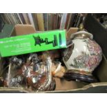 A box of sundries, to include ornaments and table lamp, etc.