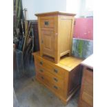 A collection of furniture to include a pine cabinet, together with a modern chest of drawers and