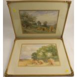 J B Noel, two watercolours, landscapes with corn stoops and figures, both dated 1914 and 1907, 10ins