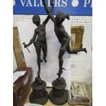 A pair of spelter figures, of Classical figures, after Giambolgna,  height 30ins