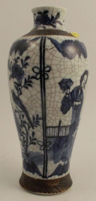 An Oriental baluster shaped vase, late Qin dynasty, decorated in blue and white with slender figures - Image 2 of 4