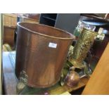 A copper and brass log bin, together with assorted metalware