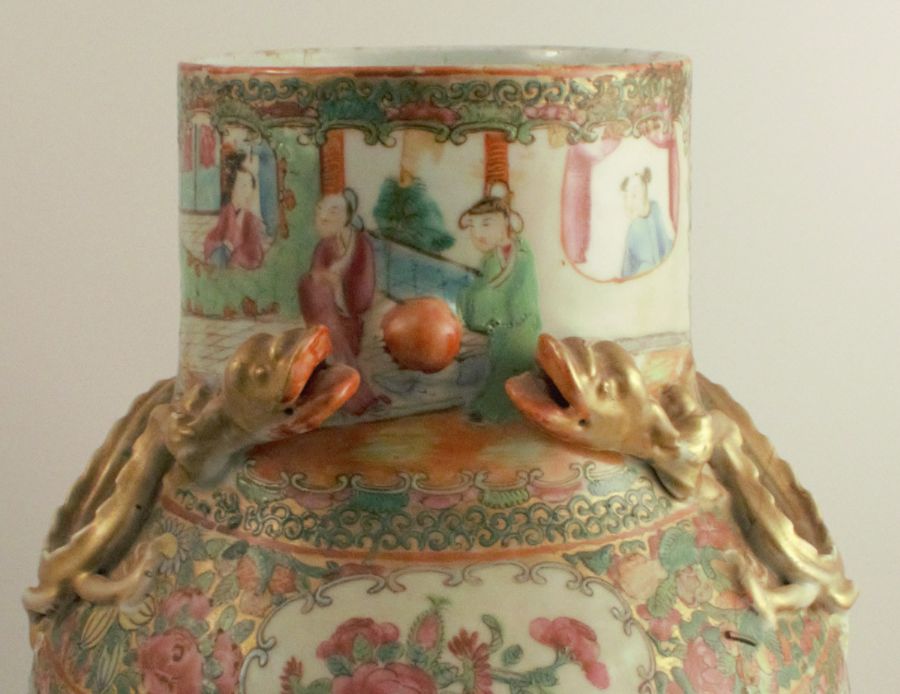 A 19th century Canton famille rose vase, of baluster form, with relief moulded gilt dragons, - Image 3 of 7