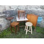 A collection of furniture to include occasional table, fire screen, two stools, wine table and small