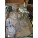 A collection of glassware, to include Georgian style decanters, and a spirit kettle