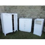 A collection of white painted furniture, to include a cupboard, the doors opening to reveal shelves,