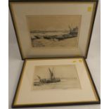John Fullwood, two drypoint etchings, view across water with windmills, and gathering the harvest,