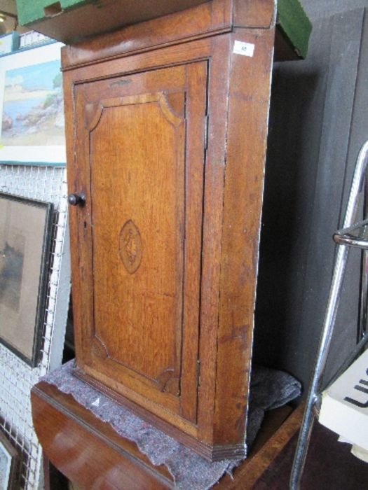 Georgian oak corner cupboard, with inlaid decoration, width 27ins x height 40ins