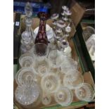 A box of assorted glassware together with a pair of candelabrum, and Royal Worcester tea pot