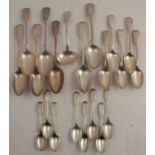 A set of five silver fiddle pattern serving spoons, engraved with initials, London 1855, weight