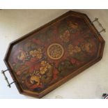 A painted two handled tray, with floral decoration, 24ins x 14.5ins