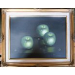 K Myles, pair of oil on canvas, still life of apples and oranges, 12ins x 16ins