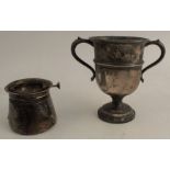 A hallmarked silver two handled trophy cup, weight 6oz, together with a hallmarked silver ashtray,