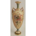 A Royal Worcester blush ivory vase, decorated with flowers and thistles, raised on a pedestal