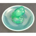 A Lalique opalescent green Moineau pin tray, surmounted by a fledgling bird, numbered 284,