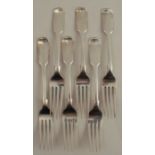 A set of six silver fiddle pattern dessert forks, engraved with an initial, London 1840, weight 9.