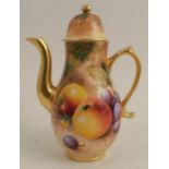A Royal Worcester miniature coffee pot, decorated all around with fruit to a mossy background by