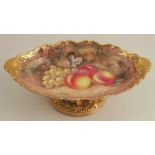 A Royal Worcester oval tazza, with a gadroon border decorated with hand painted fruit by Ayrton,