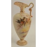 A Grainger & Co Worcester gilded ivory ewer, decorated with birds on a branch, with pierced neck,