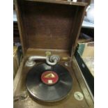 An oak cased record player, Mead, Birmingham, case size 16.5ins x 16.5ins x height 10.5ins