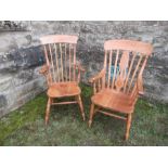 Two similar kitchen Windsor armchairs, one spindle back, one pierced splat back