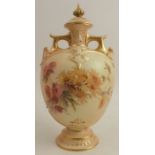 A Royal Worcester blush ivory covered vase, decorated with flowers, shape number 1654, height 9.5ins